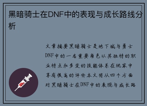 黑暗骑士在DNF中的表现与成长路线分析