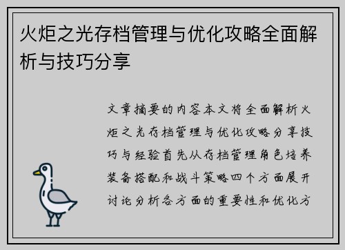 火炬之光存档管理与优化攻略全面解析与技巧分享